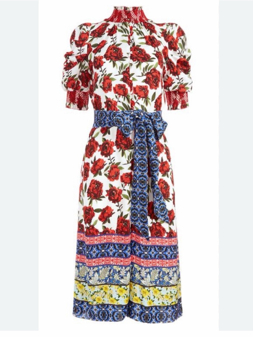 Alice + Olivia Silva Maxi Dress with Red Floral Print and Multicolor Hem